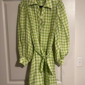 FRNCH Green and White Long Sleeve Shirt Dress with Tie Front